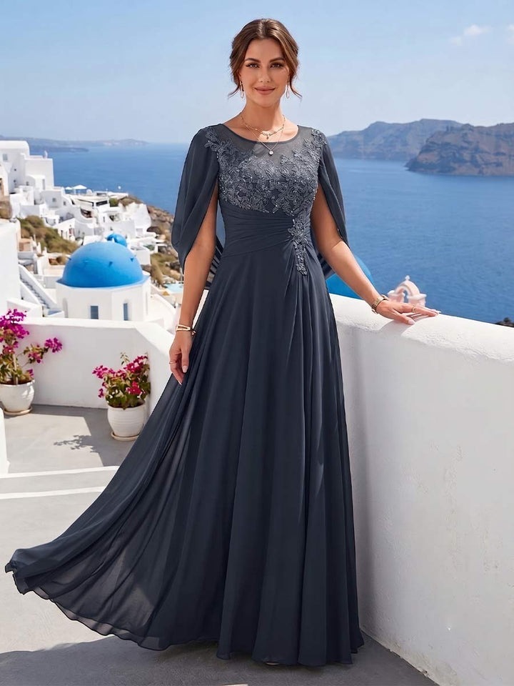 A-Line/Princess Illusion Scoop Appliques Ruched Mother of the Bride Dresses with Cape