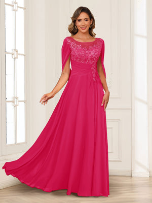 A-Line/Princess Illusion Scoop Appliques Ruched Mother of the Bride Dresses with Cape