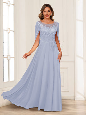 A-Line/Princess Illusion Scoop Appliques Ruched Mother of the Bride Dresses with Cape