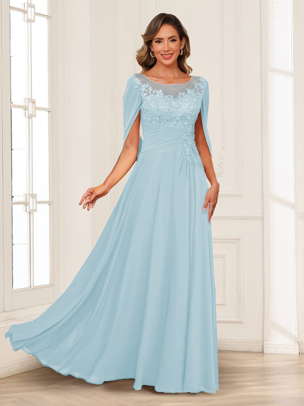 A-Line/Princess Illusion Scoop Appliques Ruched Mother of the Bride Dresses with Cape