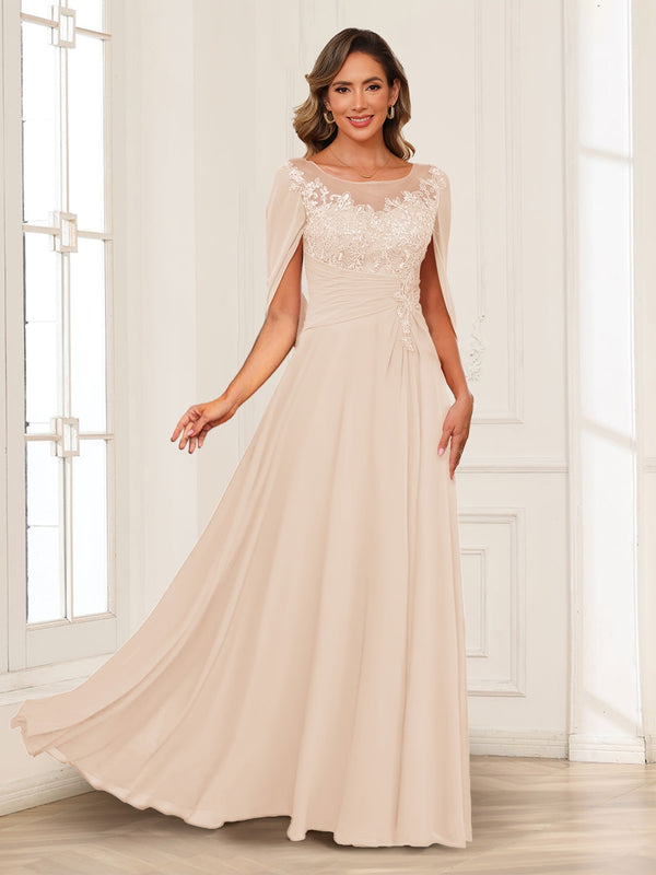 A-Line/Princess Illusion Scoop Appliques Ruched Mother of the Bride Dresses with Cape