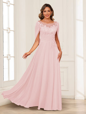 A-Line/Princess Illusion Scoop Appliques Ruched Mother of the Bride Dresses with Cape