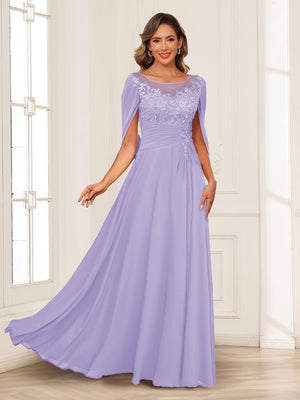 A-Line/Princess Illusion Scoop Appliques Ruched Mother of the Bride Dresses with Cape