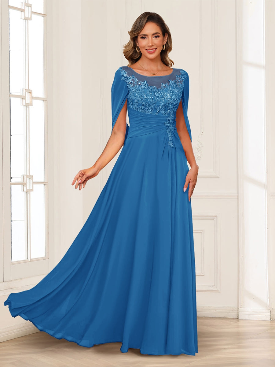 A-Line/Princess Illusion Scoop Appliques Ruched Mother of the Bride Dresses with Cape