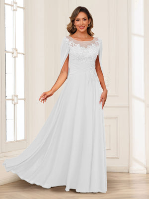 A-Line/Princess Illusion Scoop Appliques Ruched Mother of the Bride Dresses with Cape