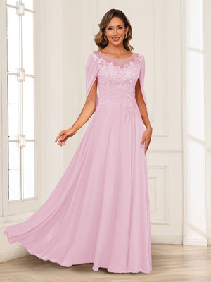 A-Line/Princess Illusion Scoop Appliques Ruched Mother of the Bride Dresses with Cape