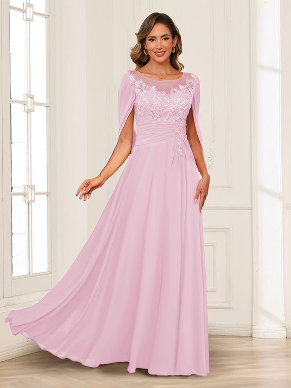 A-Line/Princess Illusion Scoop Appliques Ruched Mother of the Bride Dresses with Cape