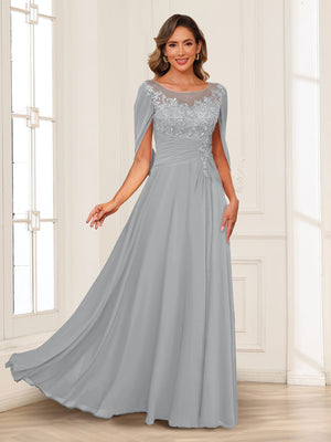 A-Line/Princess Illusion Scoop Appliques Ruched Mother of the Bride Dresses with Cape