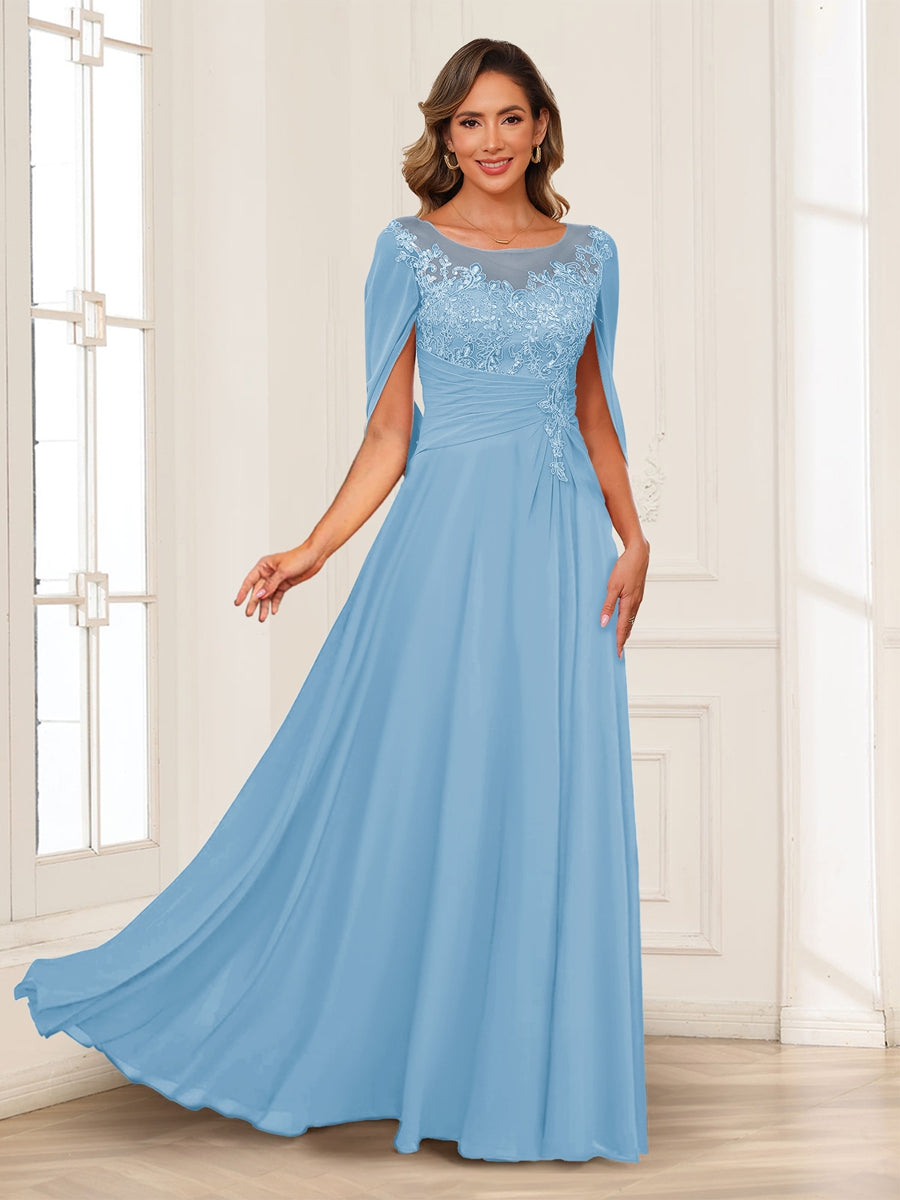A-Line/Princess Illusion Scoop Appliques Ruched Mother of the Bride Dresses with Cape