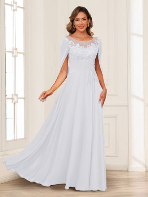 A-Line/Princess Illusion Scoop Appliques Ruched Mother of the Bride Dresses with Cape