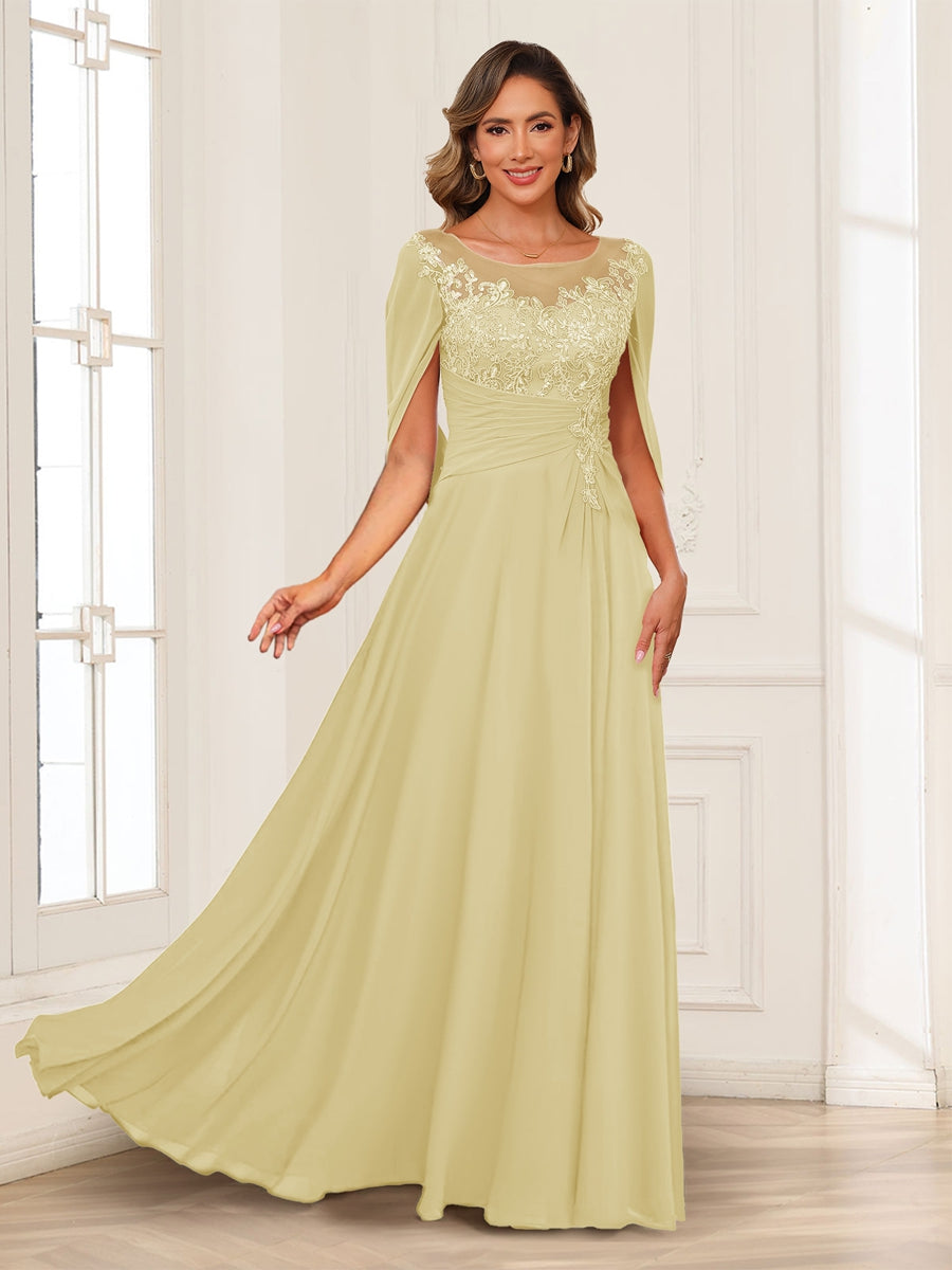 A-Line/Princess Illusion Scoop Appliques Ruched Mother of the Bride Dresses with Cape