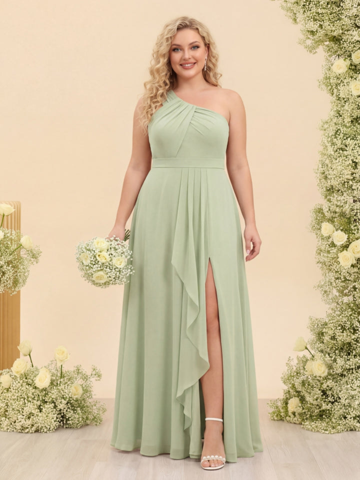 A-Line/Princess One-Shoulder Sleeveless Long Plus Size Bridesmaid Dresses with Split Side
