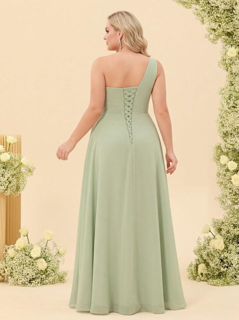 A-Line/Princess One-Shoulder Sleeveless Long Plus Size Bridesmaid Dresses with Split Side