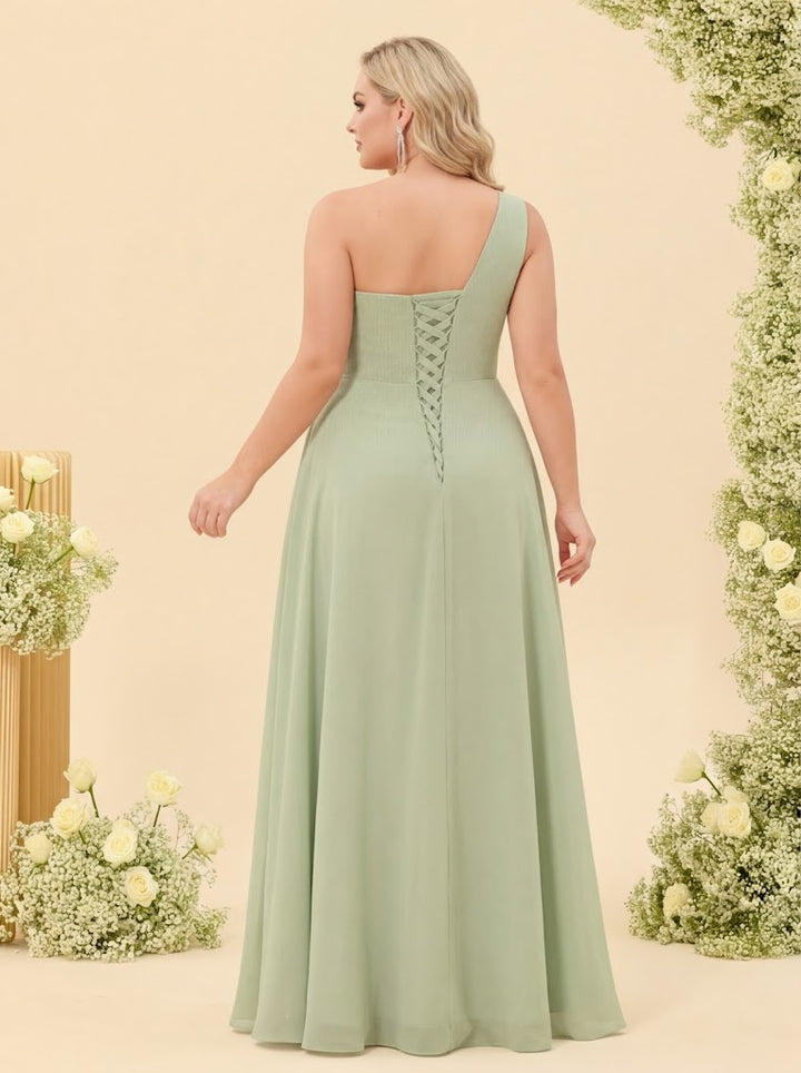 A-Line/Princess One-Shoulder Sleeveless Long Plus Size Bridesmaid Dresses with Split Side