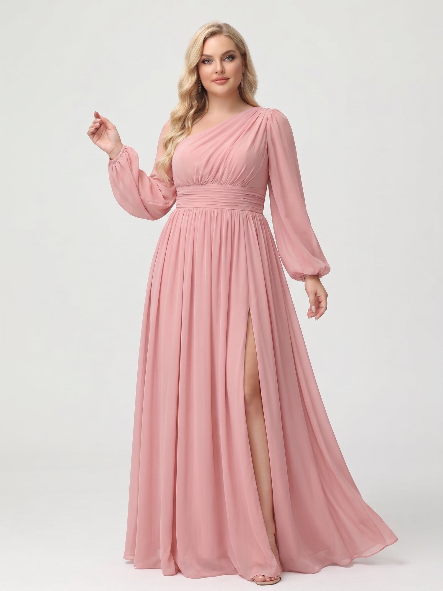 A-Line/Princess Floor-Length Long Sleeves Plus Size Bridesmaid Dresses With Split Side & Sash