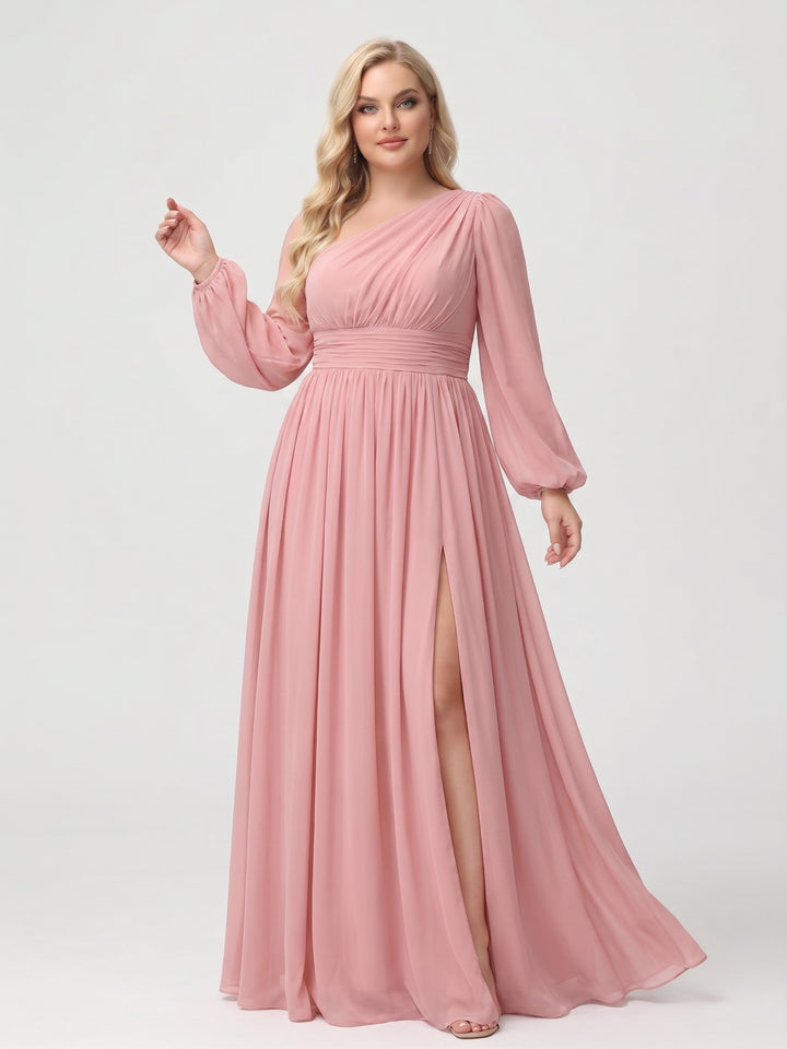 A-Line/Princess Floor-Length Long Sleeves Plus Size Bridesmaid Dresses With Split Side &amp; Sash