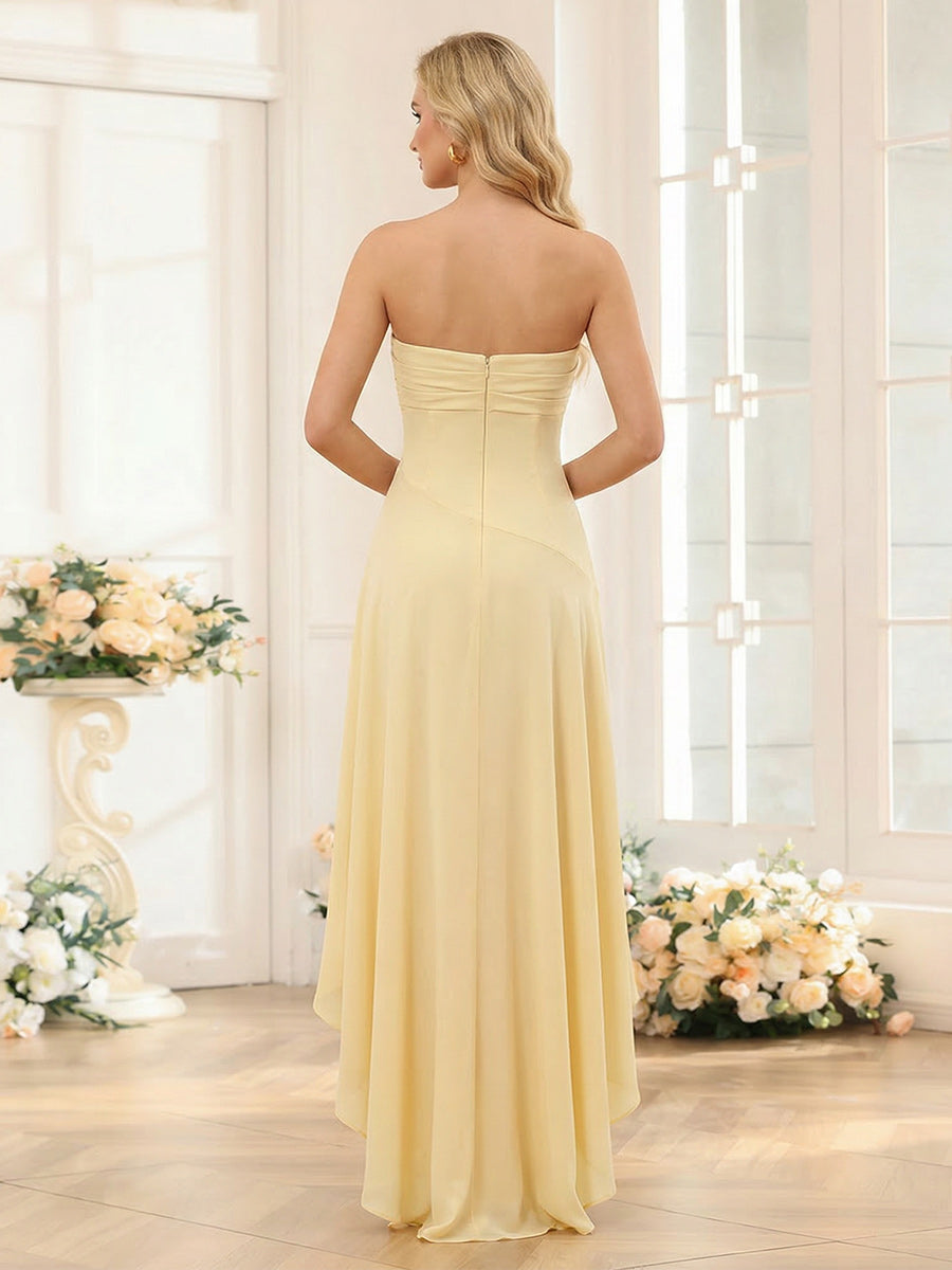 Sheath/Column Strapless Asymmetrical Bridesmaid Dresses with Split Side &amp; Ruffles