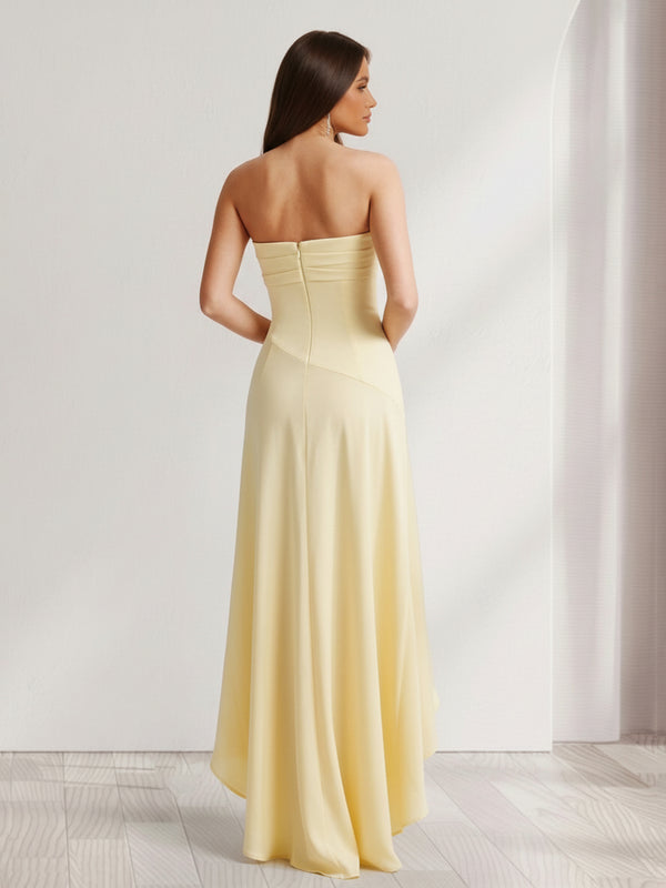 Sheath/Column Strapless Asymmetrical Bridesmaid Dresses with Split Side & Ruffles