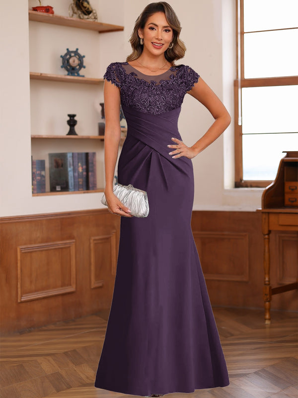 Trumpet/Mermaid Scoop Short Sleeves Chiffon Mother of the Bride Dresses with Applique