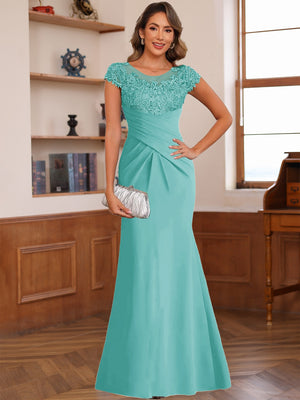 Trumpet/Mermaid Scoop Short Sleeves Chiffon Mother of the Bride Dresses with Applique