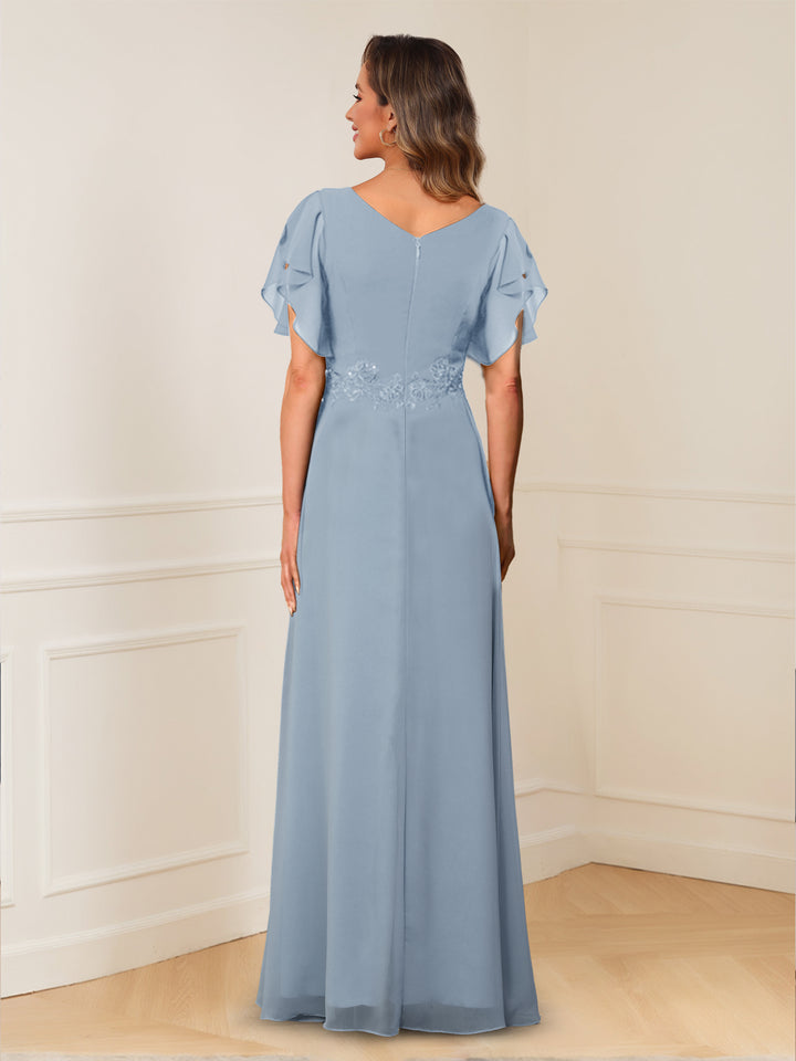 A-Line/Princess V-Neck Short Sleeves Appliques Ruched Mother of the Bride Dresses