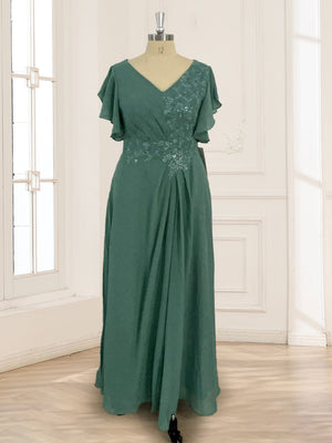 A-Line/Princess V-Neck Short Sleeves Appliques Ruched Mother of the Bride Dresses