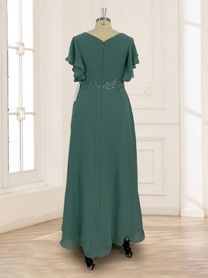 A-Line/Princess V-Neck Short Sleeves Appliques Ruched Mother of the Bride Dresses