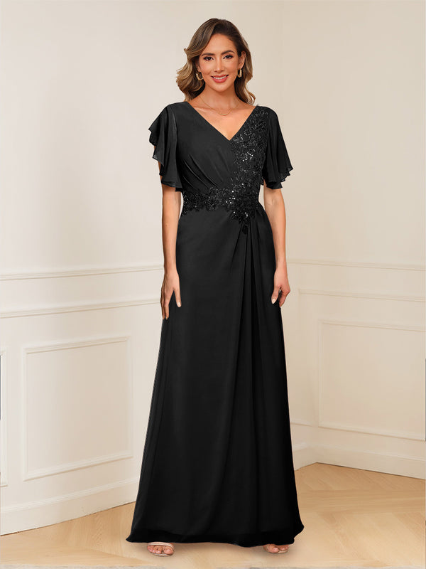 A-Line/Princess V-Neck Short Sleeves Appliques Ruched Mother of the Bride Dresses