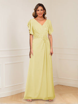 A-Line/Princess V-Neck Short Sleeves Appliques Ruched Mother of the Bride Dresses