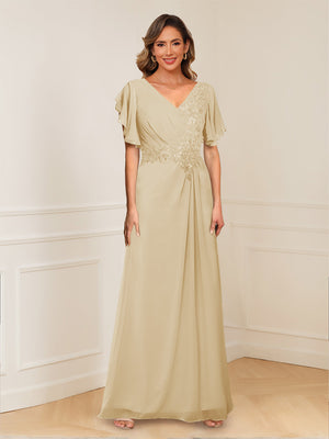 A-Line/Princess V-Neck Short Sleeves Appliques Ruched Mother of the Bride Dresses