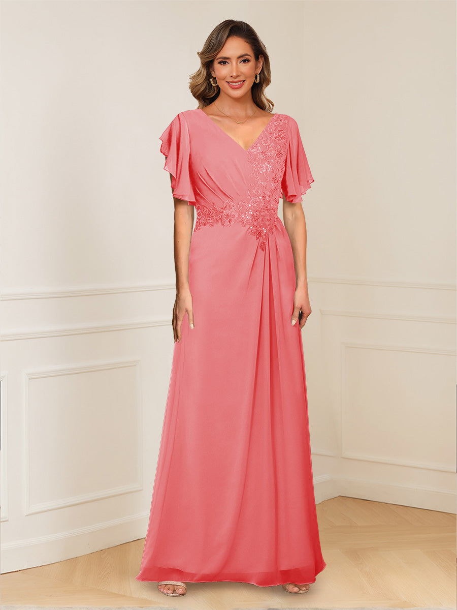 A-Line/Princess V-Neck Short Sleeves Appliques Ruched Mother of the Bride Dresses