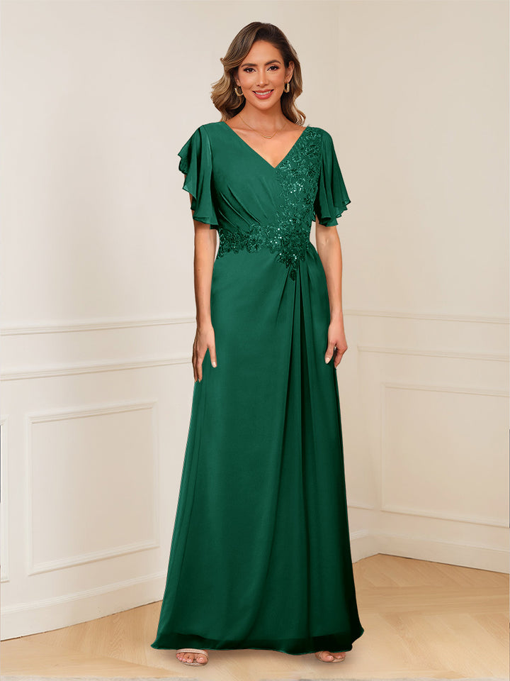 A-Line/Princess V-Neck Short Sleeves Appliques Ruched Mother of the Bride Dresses