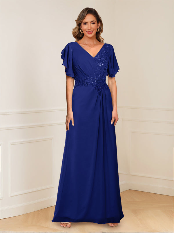 A-Line/Princess V-Neck Short Sleeves Appliques Ruched Mother of the Bride Dresses