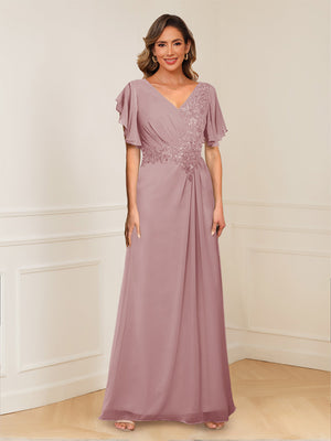 A-Line/Princess V-Neck Short Sleeves Appliques Ruched Mother of the Bride Dresses