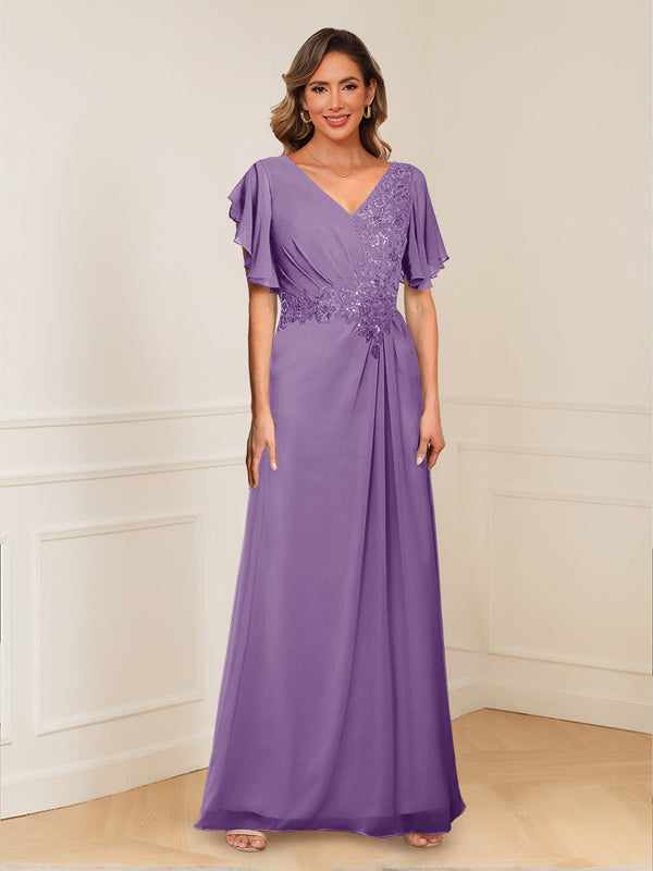 A-Line/Princess V-Neck Short Sleeves Appliques Ruched Mother of the Bride Dresses
