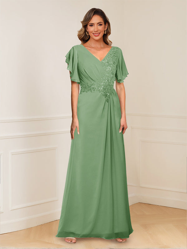 A-Line/Princess V-Neck Short Sleeves Appliques Ruched Mother of the Bride Dresses