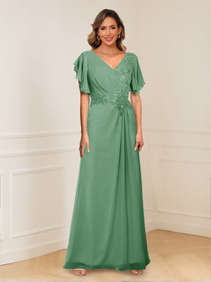 A-Line/Princess V-Neck Short Sleeves Appliques Ruched Mother of the Bride Dresses