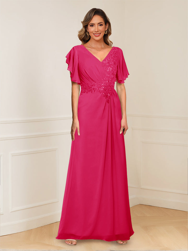 A-Line/Princess V-Neck Short Sleeves Appliques Ruched Mother of the Bride Dresses