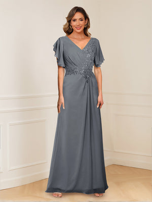 A-Line/Princess V-Neck Short Sleeves Appliques Ruched Mother of the Bride Dresses