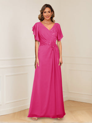 A-Line/Princess V-Neck Short Sleeves Appliques Ruched Mother of the Bride Dresses