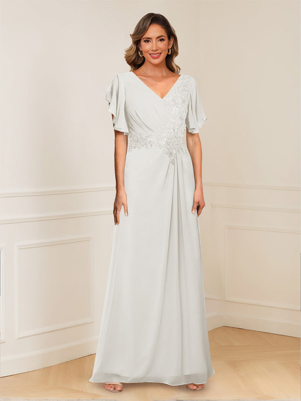 A-Line/Princess V-Neck Short Sleeves Appliques Ruched Mother of the Bride Dresses