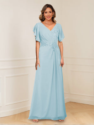 A-Line/Princess V-Neck Short Sleeves Appliques Ruched Mother of the Bride Dresses