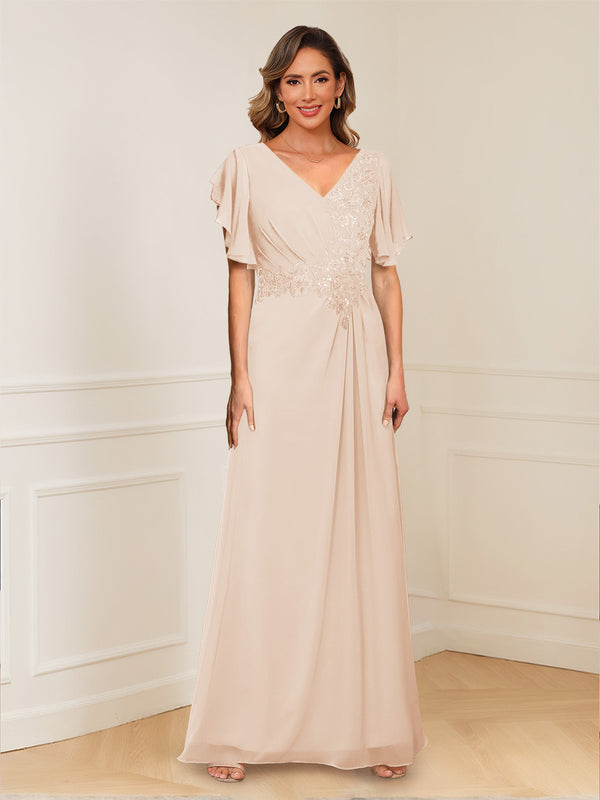 A-Line/Princess V-Neck Short Sleeves Appliques Ruched Mother of the Bride Dresses