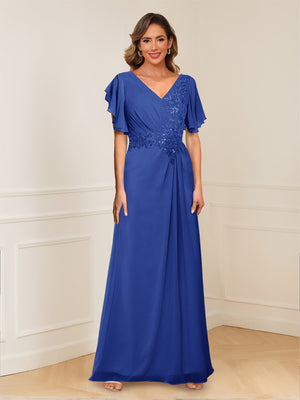 A-Line/Princess V-Neck Short Sleeves Appliques Ruched Mother of the Bride Dresses