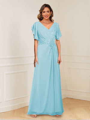 A-Line/Princess V-Neck Short Sleeves Appliques Ruched Mother of the Bride Dresses