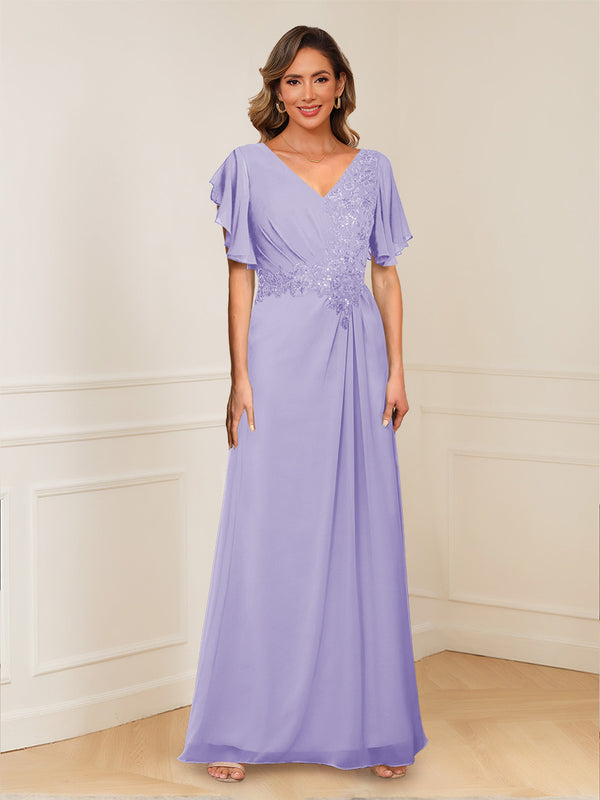 A-Line/Princess V-Neck Short Sleeves Appliques Ruched Mother of the Bride Dresses