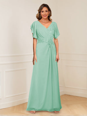 A-Line/Princess V-Neck Short Sleeves Appliques Ruched Mother of the Bride Dresses