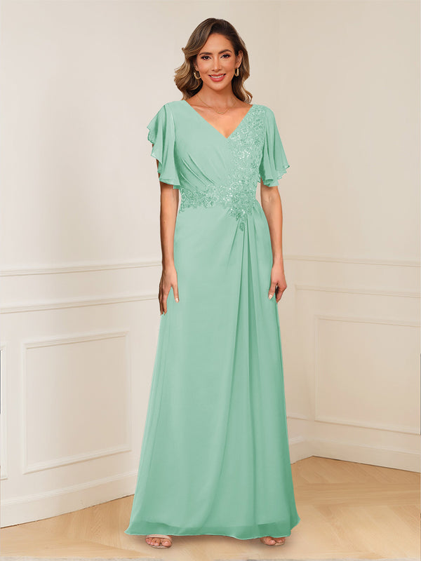 A-Line/Princess V-Neck Short Sleeves Appliques Ruched Mother of the Bride Dresses