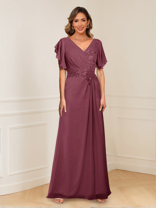 A-Line/Princess V-Neck Short Sleeves Appliques Ruched Mother of the Bride Dresses
