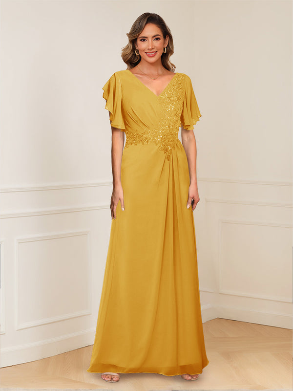 A-Line/Princess V-Neck Short Sleeves Appliques Ruched Mother of the Bride Dresses